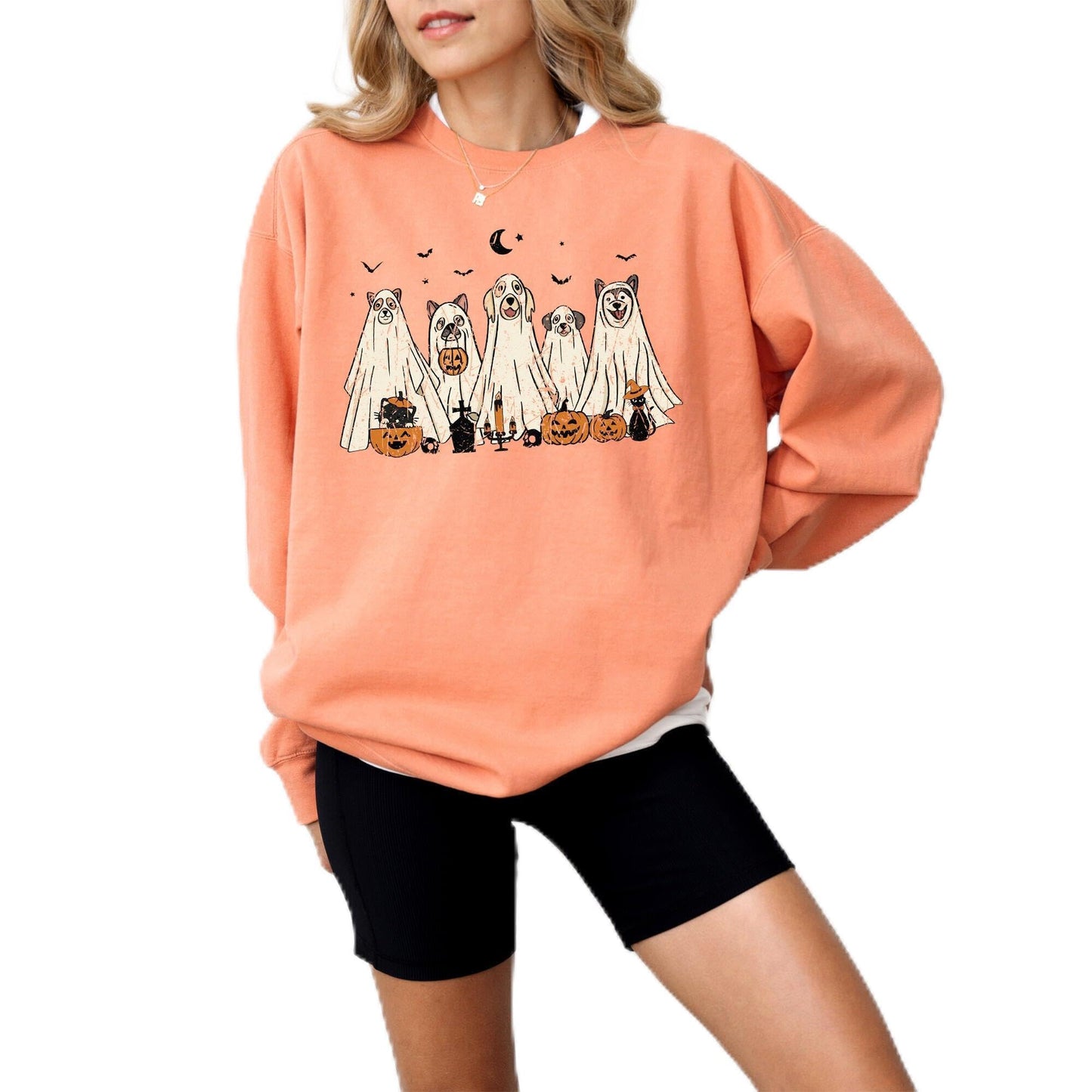 Halloween Sweatshirt, Cute Dogs in Ghost Costumes Design, Funny Halloween Graphic Pullover for Men, Women, Unisex, 80% Cotton