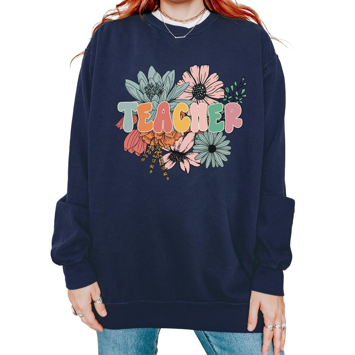 Teacher Graphic Sweatshirt for Men, Women, Unisex – Oversized Retro Look Pullover, 80% Cotton, for Teachers