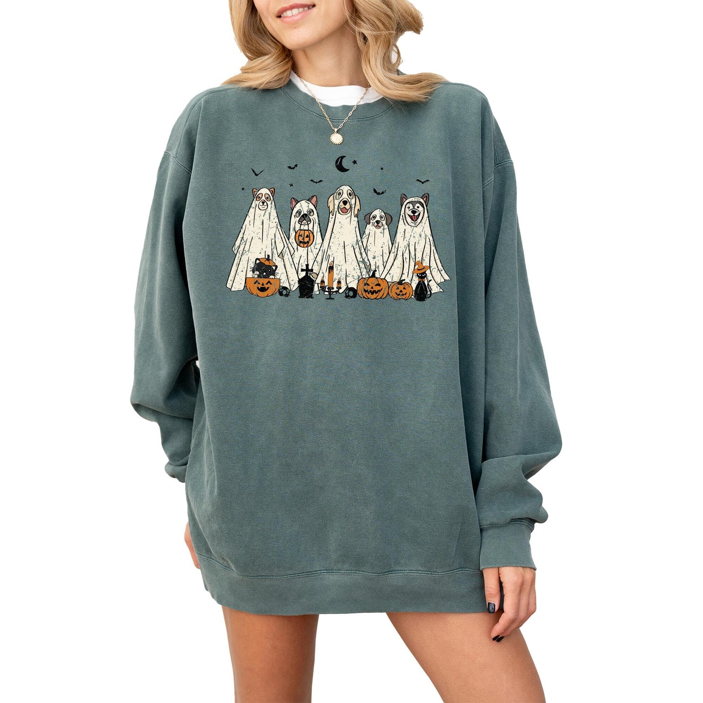 Halloween Sweatshirt, Cute Dogs in Ghost Costumes Design, Funny Halloween Graphic Pullover for Men, Women, Unisex, 80% Cotton