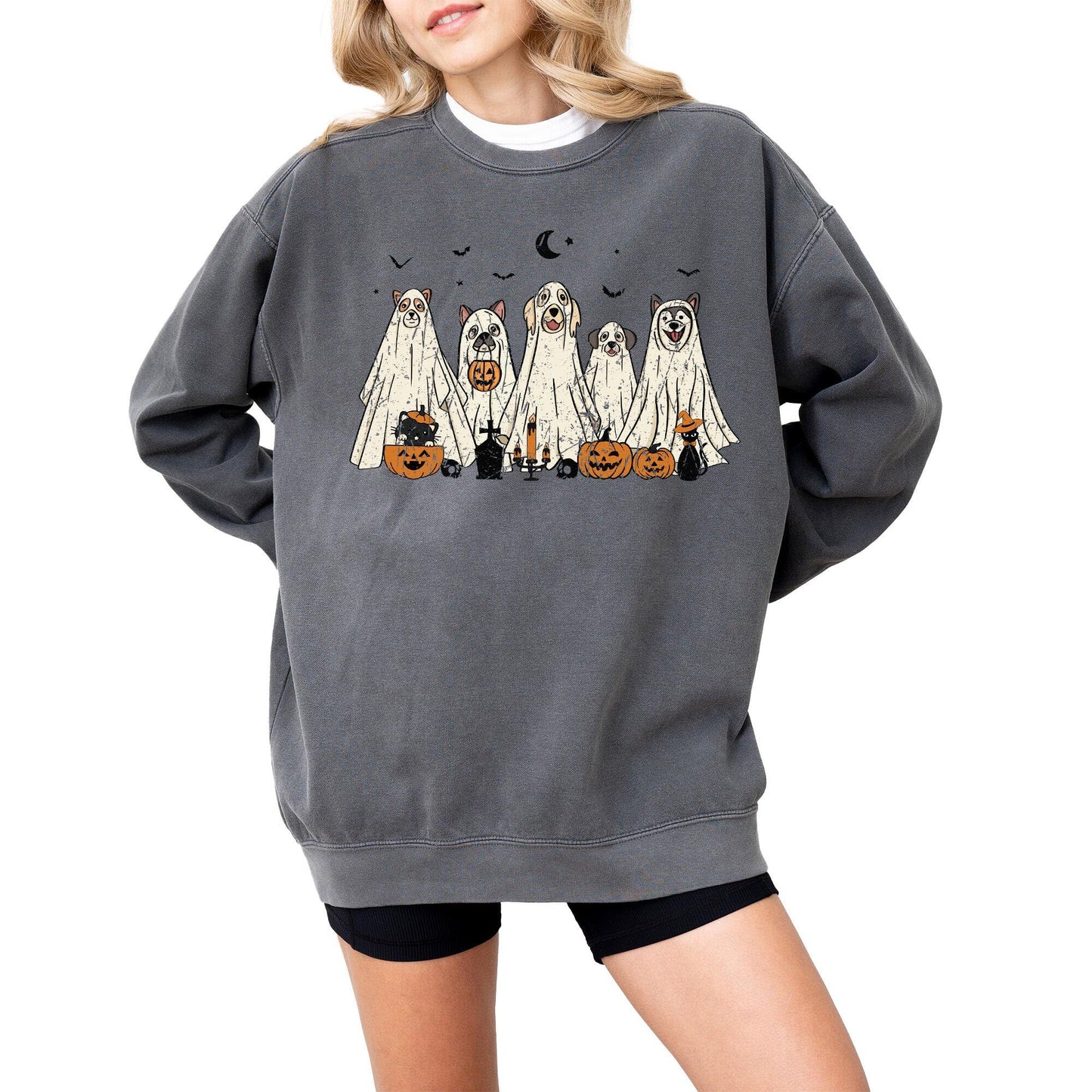 Halloween Sweatshirt, Cute Dogs in Ghost Costumes Design, Funny Halloween Graphic Pullover for Men, Women, Unisex, 80% Cotton