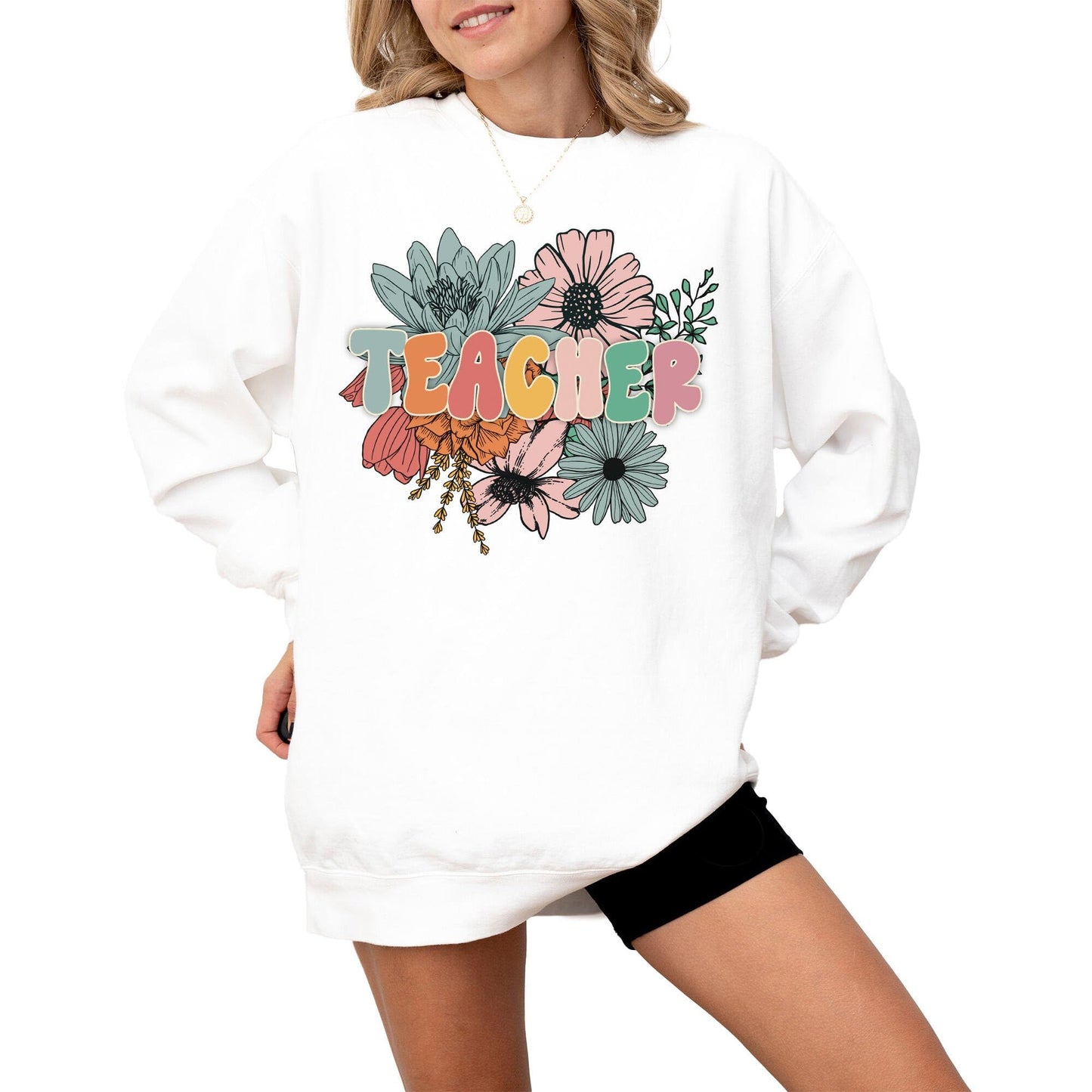 Teacher Graphic Sweatshirt for Men, Women, Unisex – Oversized Retro Look Pullover, 80% Cotton, for Teachers