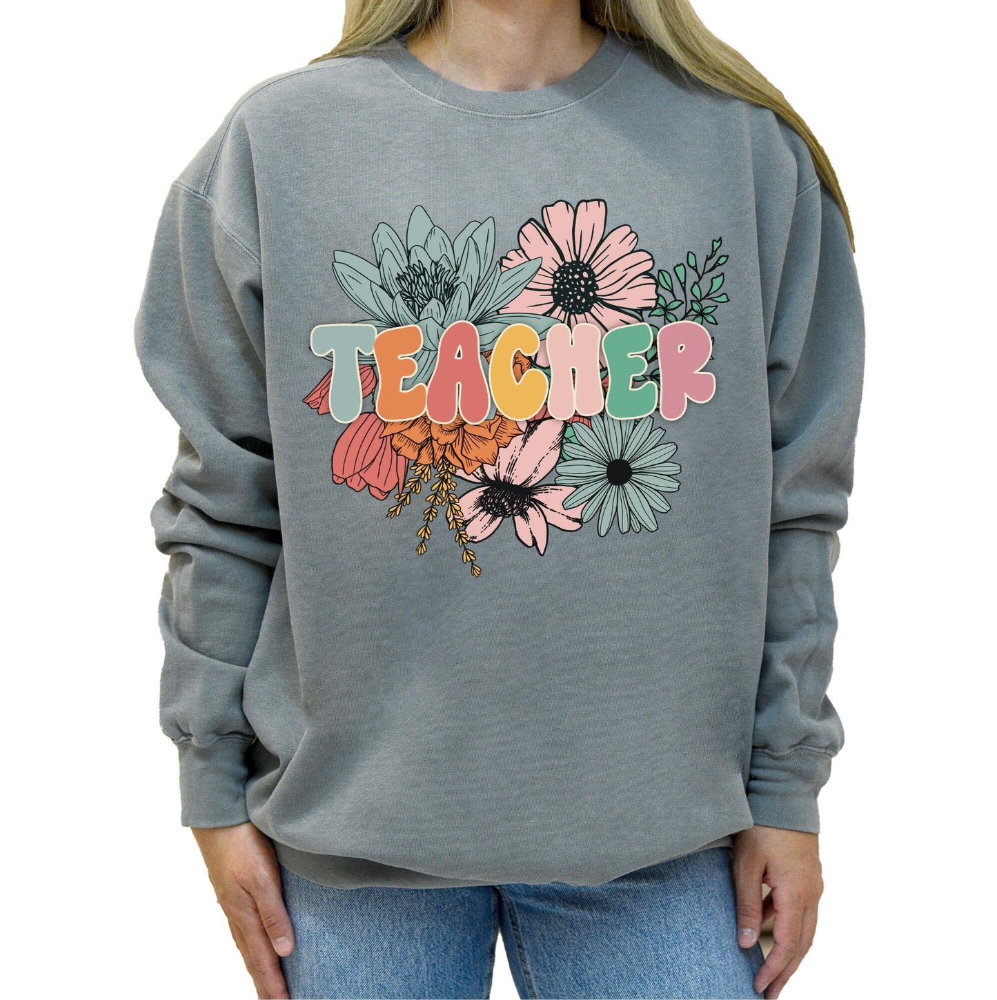 Teacher Graphic Sweatshirt for Men, Women, Unisex – Oversized Retro Look Pullover, 80% Cotton, for Teachers