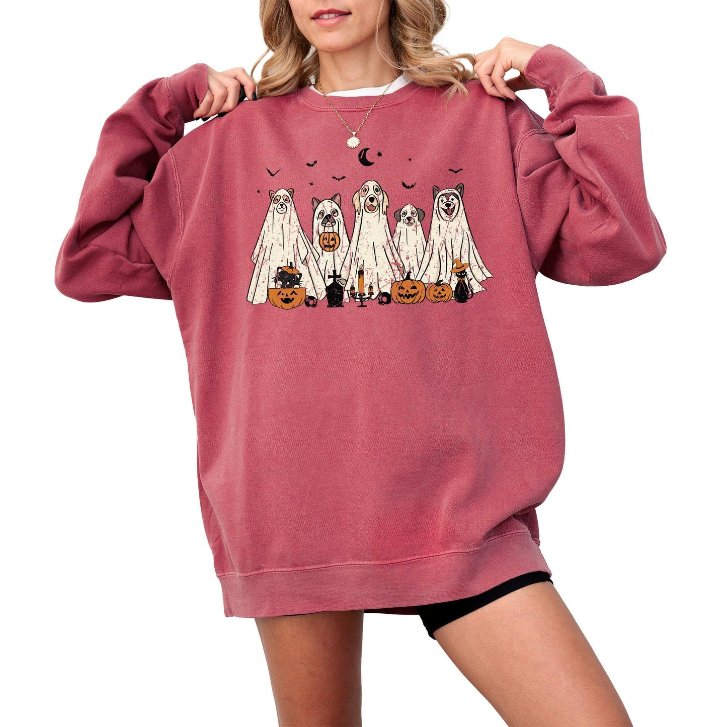 Halloween Sweatshirt, Cute Dogs in Ghost Costumes Design, Funny Halloween Graphic Pullover for Men, Women, Unisex, 80% Cotton