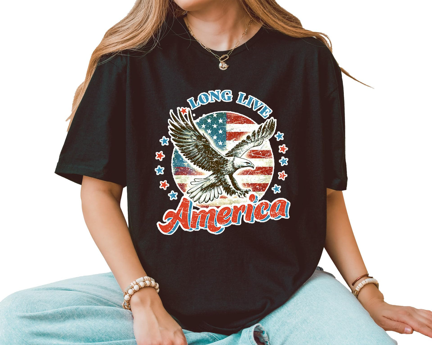 Long Live America T-Shirt – Unisex Patriotic Eagle Graphic Tee – American Flag Fourth of July Independence Day Shirt
