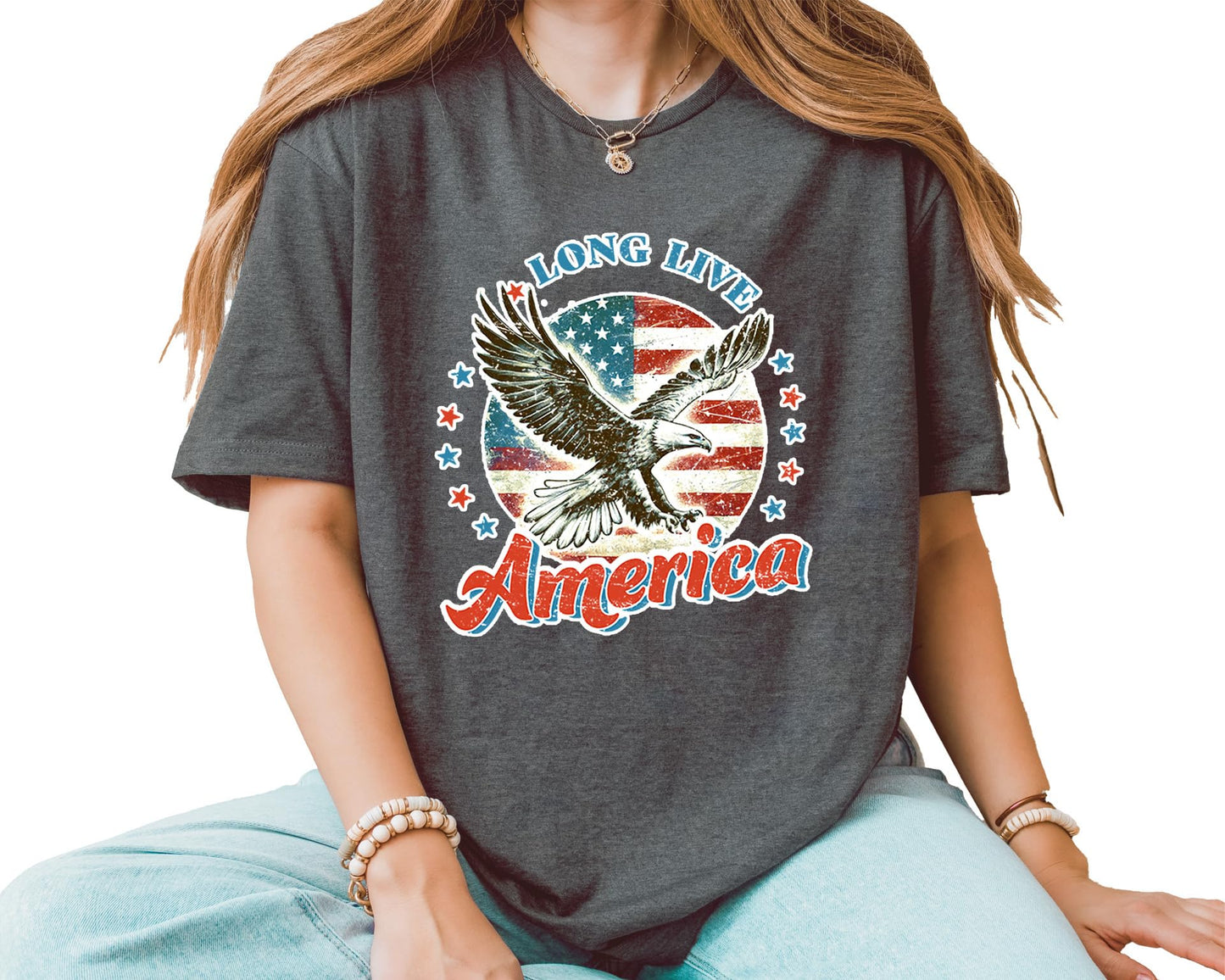 Long Live America T-Shirt – Unisex Patriotic Eagle Graphic Tee – American Flag Fourth of July Independence Day Shirt