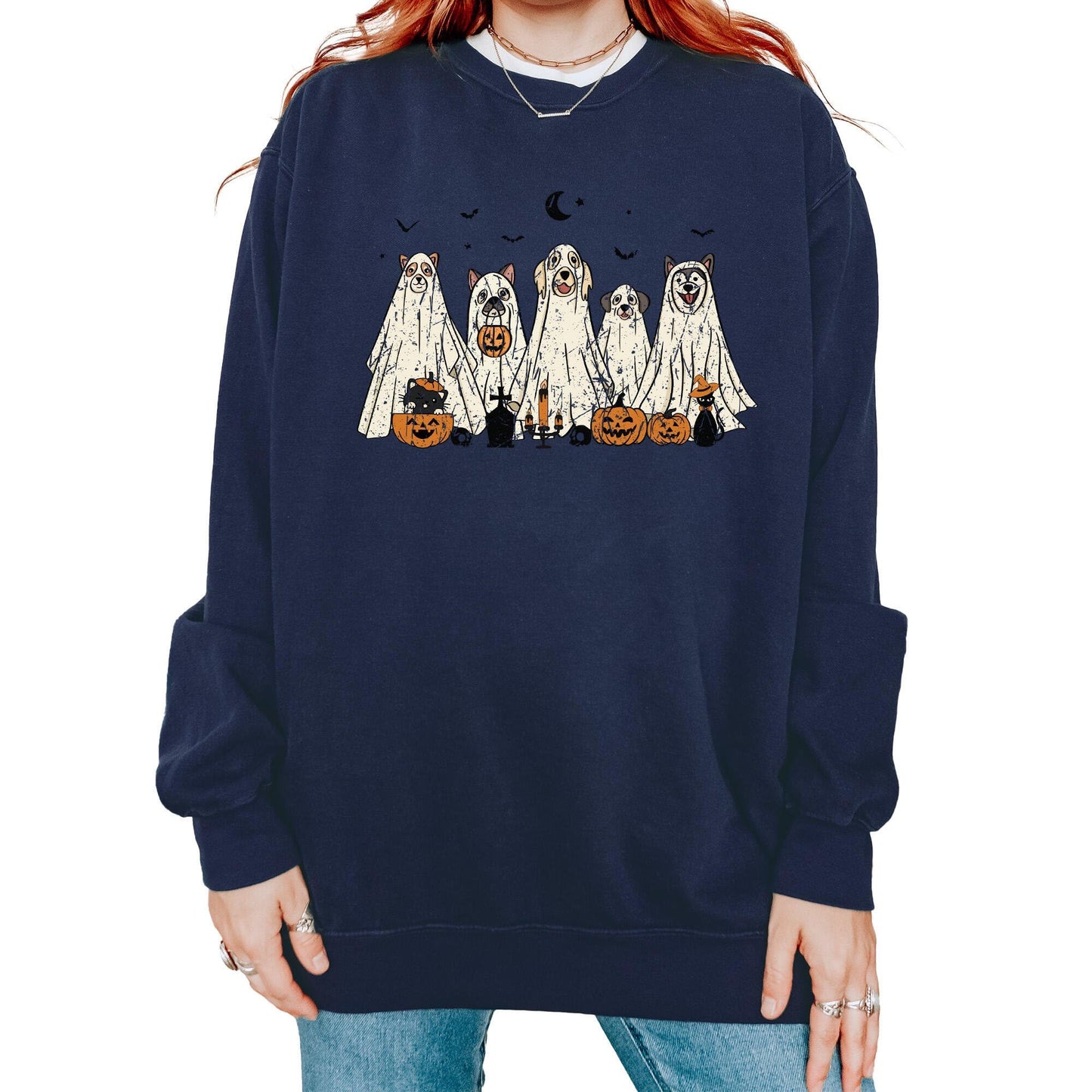 Halloween Sweatshirt, Cute Dogs in Ghost Costumes Design, Funny Halloween Graphic Pullover for Men, Women, Unisex, 80% Cotton