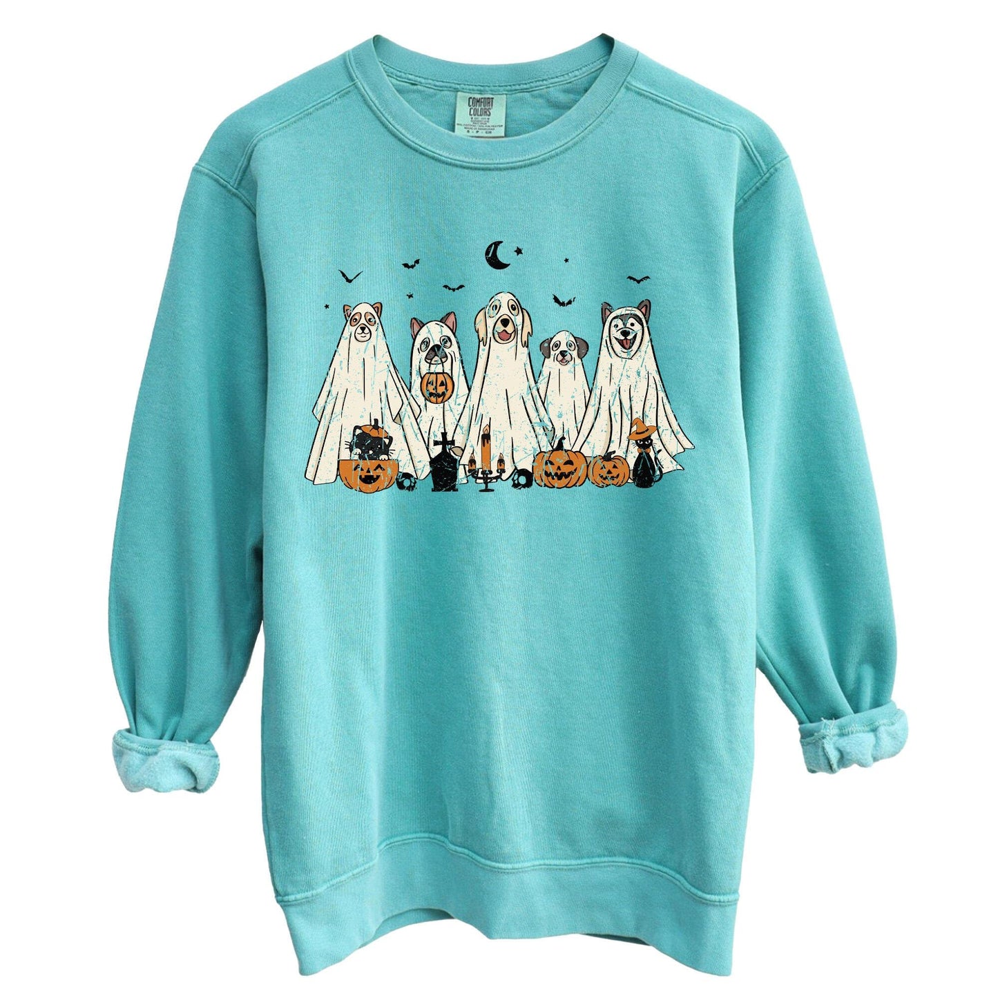 Halloween Sweatshirt, Cute Dogs in Ghost Costumes Design, Funny Halloween Graphic Pullover for Men, Women, Unisex, 80% Cotton