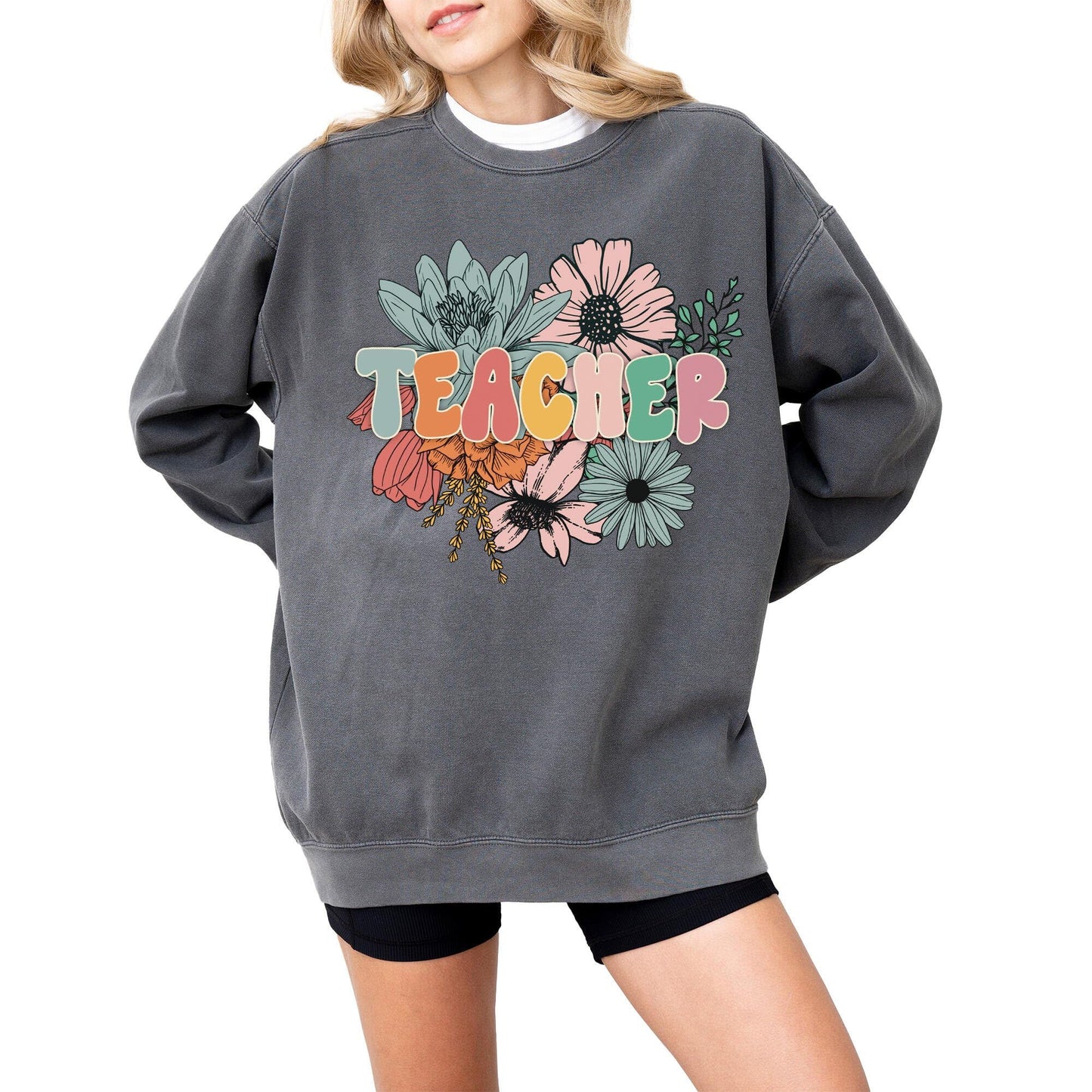 Teacher Graphic Sweatshirt for Men, Women, Unisex – Oversized Retro Look Pullover, 80% Cotton, for Teachers