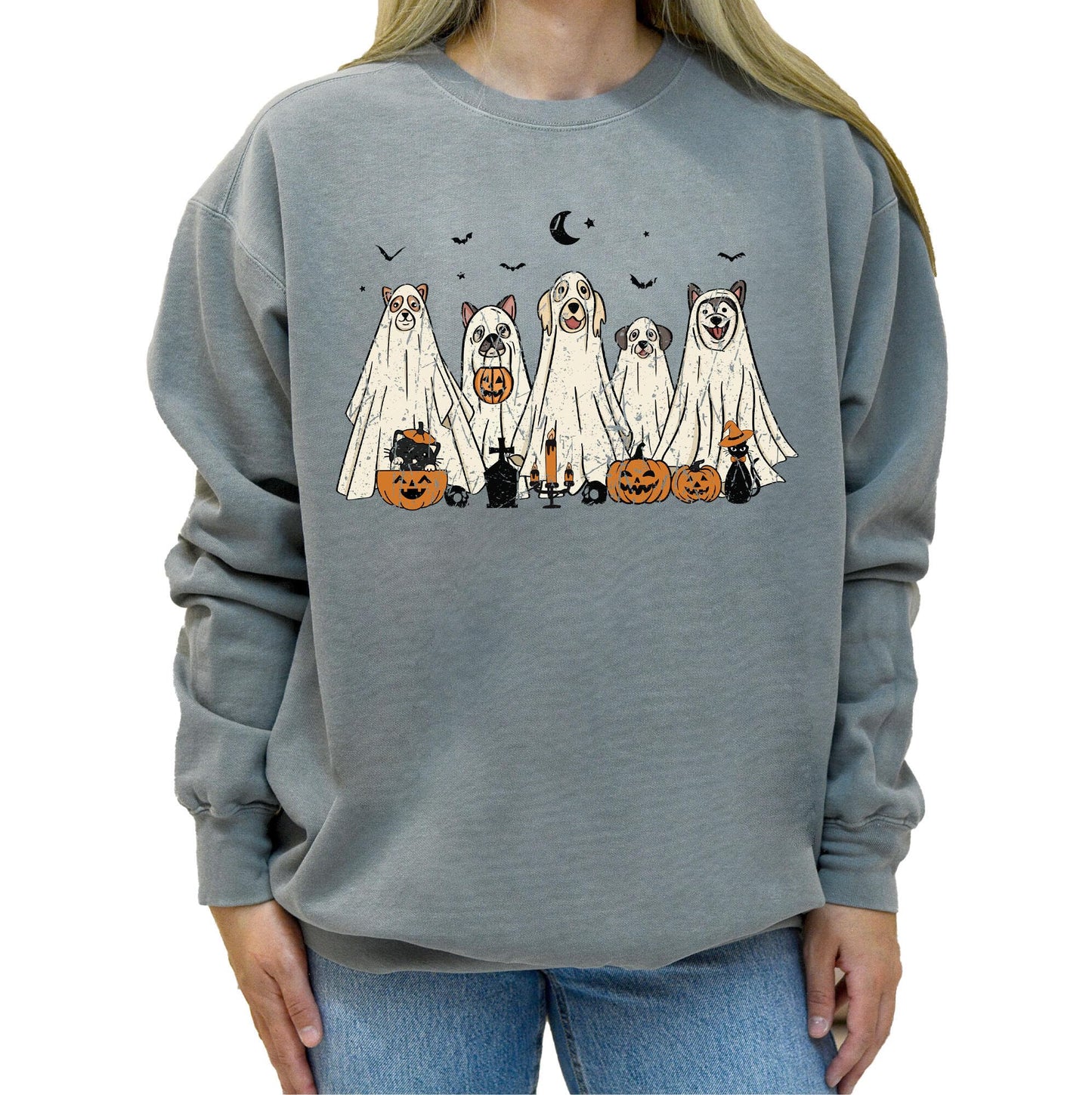 Halloween Sweatshirt, Cute Dogs in Ghost Costumes Design, Funny Halloween Graphic Pullover for Men, Women, Unisex, 80% Cotton