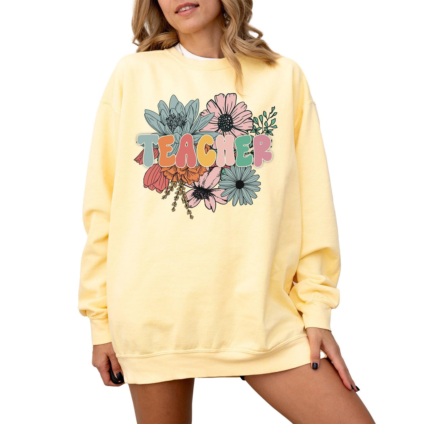 Teacher Graphic Sweatshirt for Men, Women, Unisex – Oversized Retro Look Pullover, 80% Cotton, for Teachers
