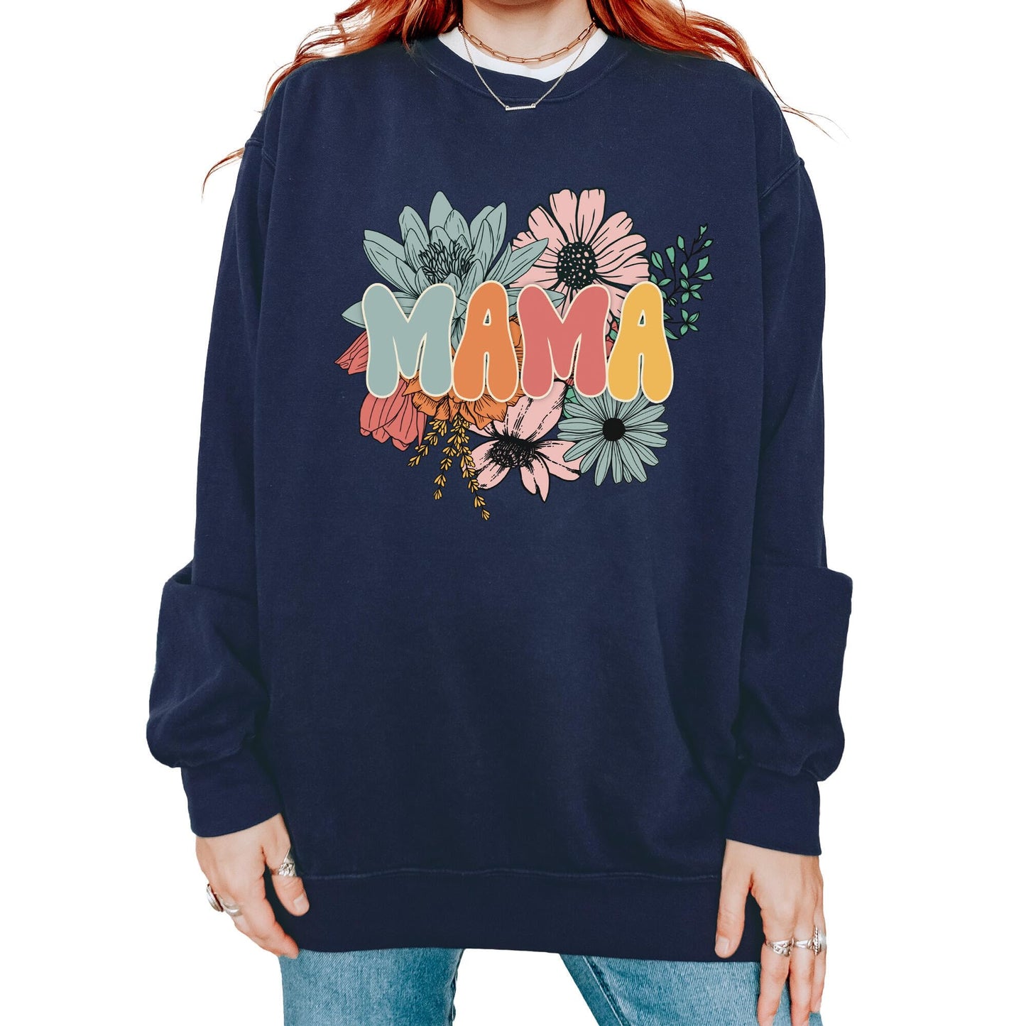 Mama Sweatshirt for Women, Pregnancy Reveal to Mother, Premium Quality Oversized Graphic Pullover, Retro Look, 80% Cotton