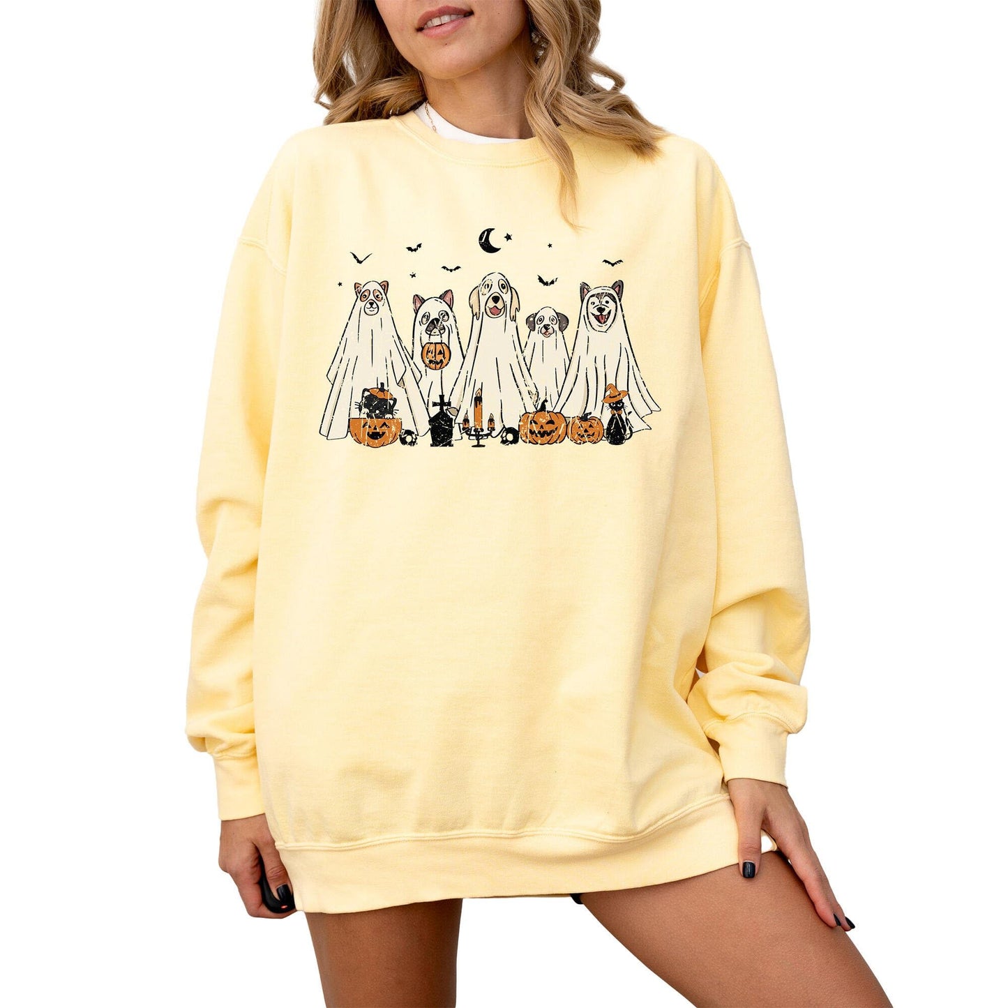 Halloween Sweatshirt, Cute Dogs in Ghost Costumes Design, Funny Halloween Graphic Pullover for Men, Women, Unisex, 80% Cotton