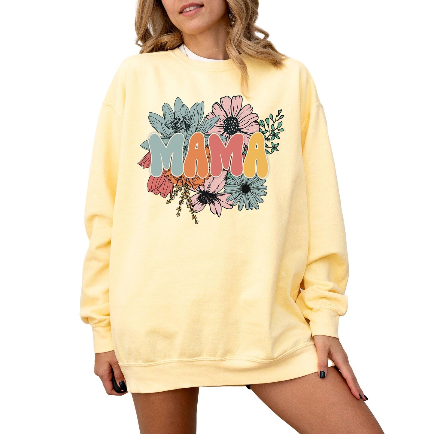 Mama Sweatshirt for Women, Pregnancy Reveal to Mother, Premium Quality Oversized Graphic Pullover, Retro Look, 80% Cotton