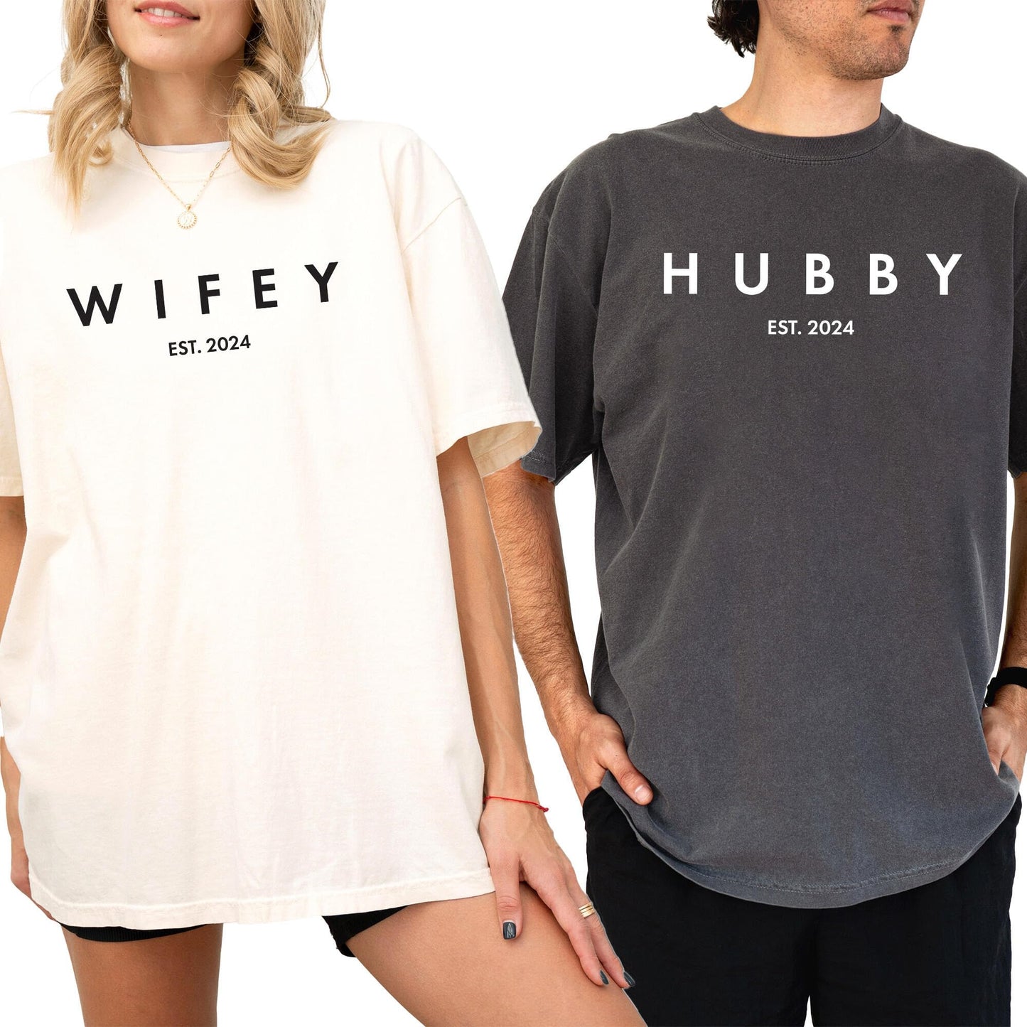 Hubby & Wifey Couple T-Shirt - 100% Cotton, Retro Oversized Graphic Honeymoon Tee for Men & Women