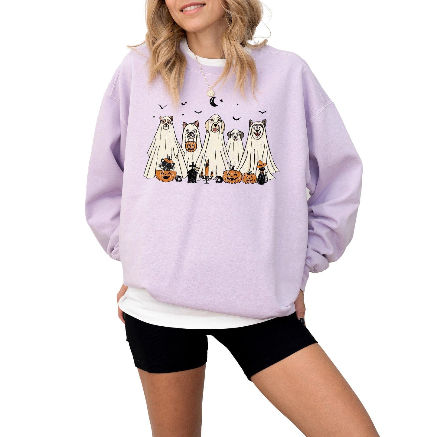 Halloween Sweatshirt, Cute Dogs in Ghost Costumes Design, Funny Halloween Graphic Pullover for Men, Women, Unisex, 80% Cotton