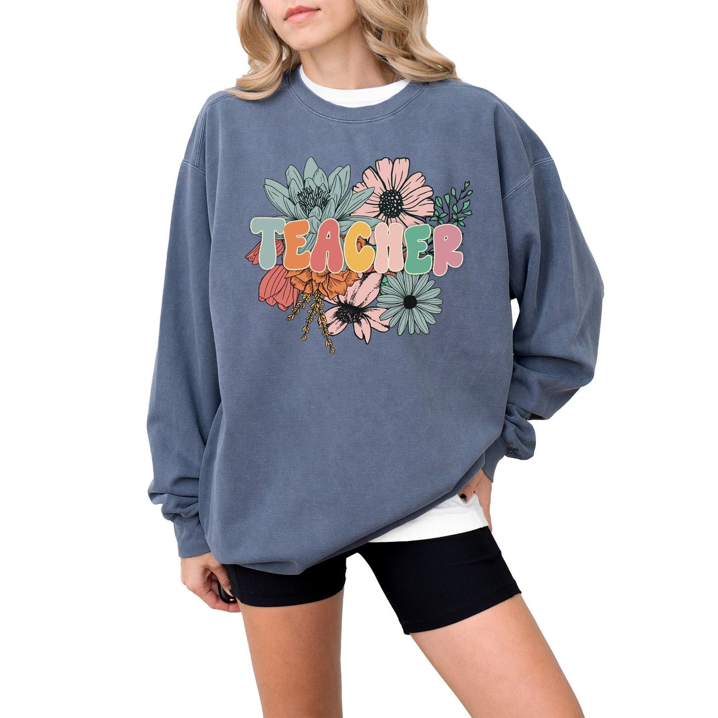 Teacher Graphic Sweatshirt for Men, Women, Unisex – Oversized Retro Look Pullover, 80% Cotton, for Teachers
