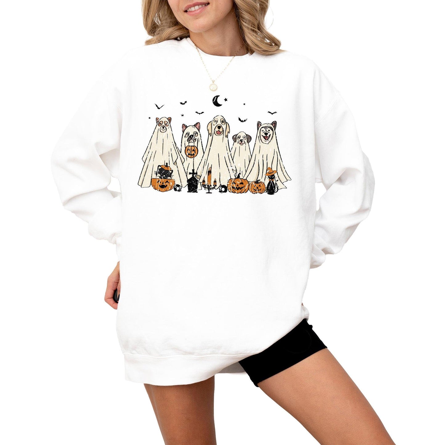 Halloween Sweatshirt, Cute Dogs in Ghost Costumes Design, Funny Halloween Graphic Pullover for Men, Women, Unisex, 80% Cotton