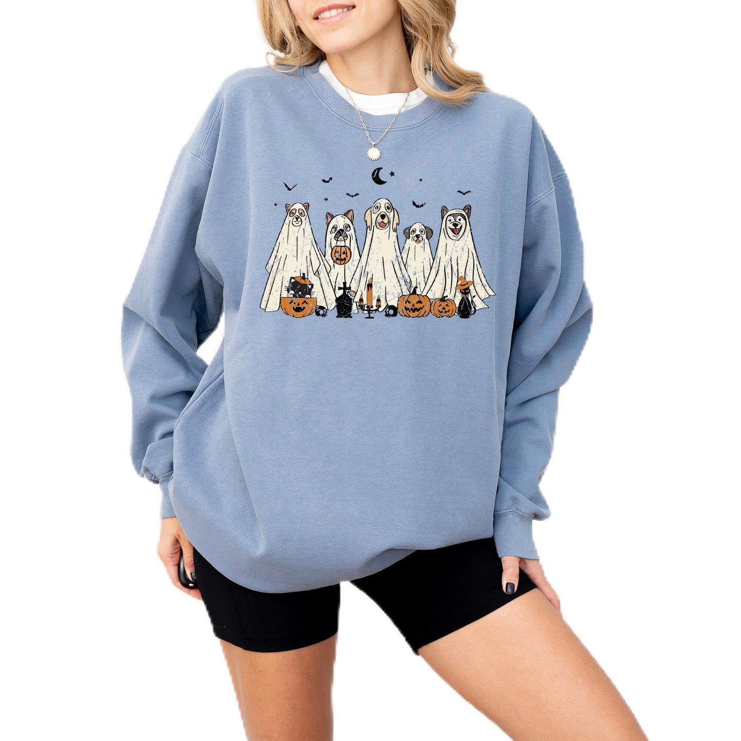 Halloween Sweatshirt, Cute Dogs in Ghost Costumes Design, Funny Halloween Graphic Pullover for Men, Women, Unisex, 80% Cotton