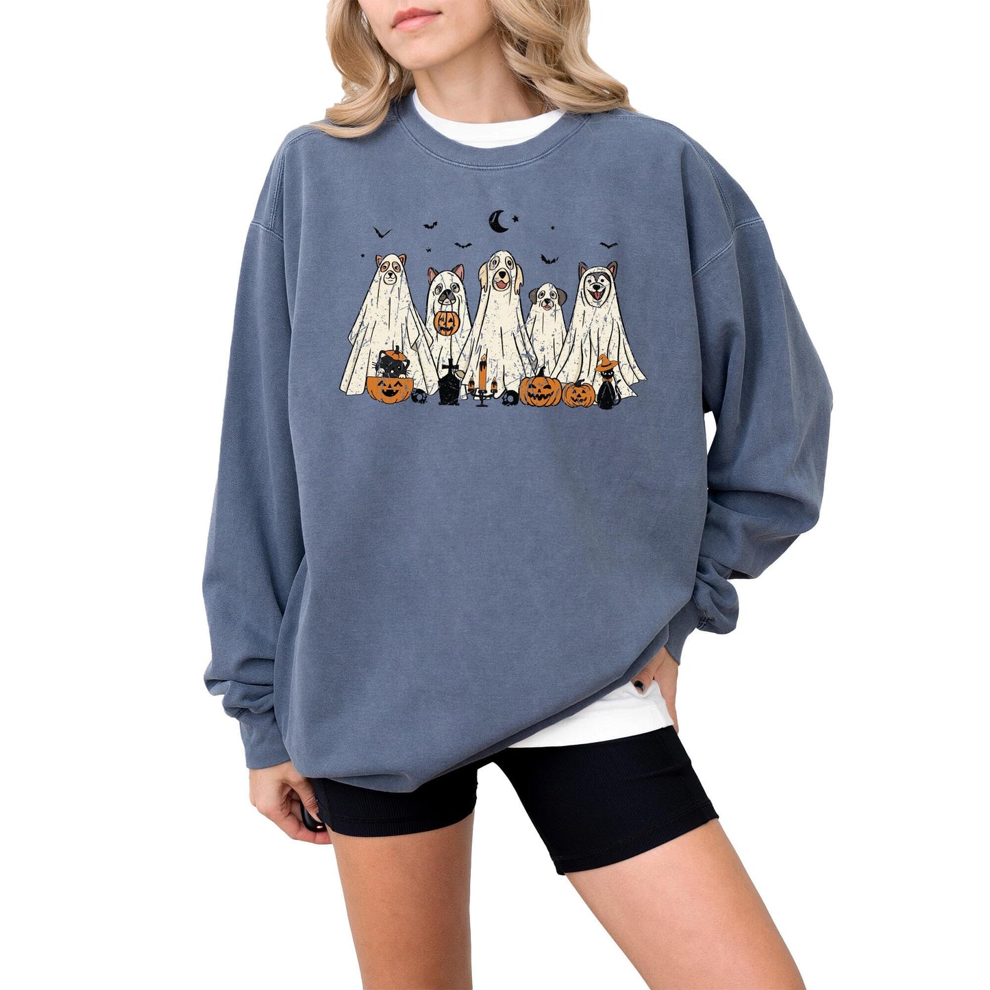 Halloween Sweatshirt, Cute Dogs in Ghost Costumes Design, Funny Halloween Graphic Pullover for Men, Women, Unisex, 80% Cotton