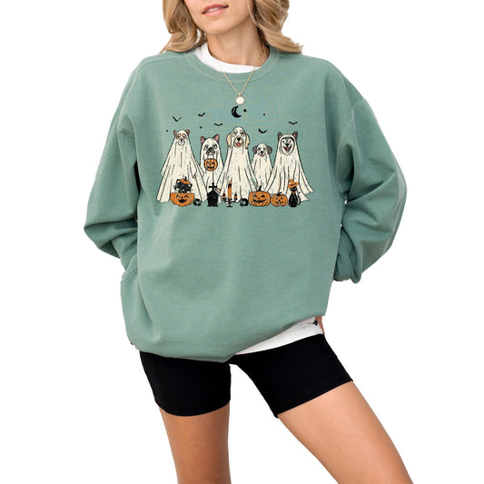 Halloween Sweatshirt, Cute Dogs in Ghost Costumes Design, Funny Halloween Graphic Pullover for Men, Women, Unisex, 80% Cotton
