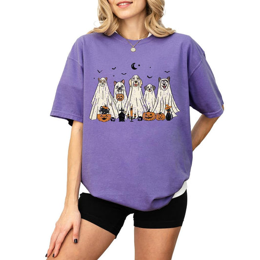 Halloween T-Shirt - Cute Dogs in Ghost Costumes Design - Funny Halloween Graphic Tee for Men, Women, Unisex, 100% Cotton