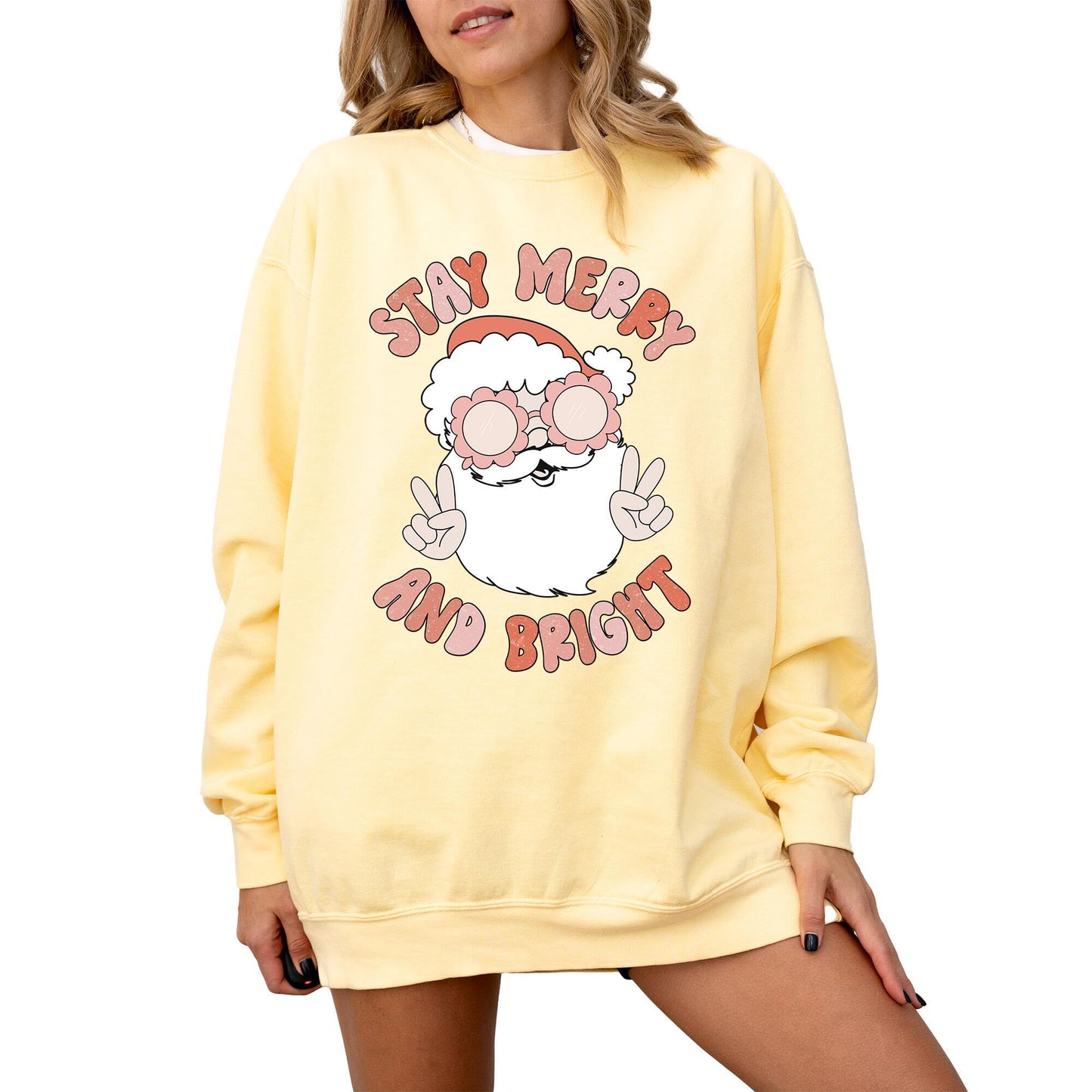 Merry and Bright Christmas Sweatshirt for Men, Women, Unisex – Oversized Vintage Look Holiday Pullover, 80% Cotton, Fun Gift