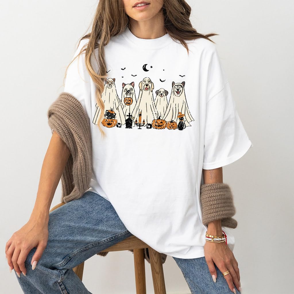 Halloween T-Shirt - Cute Dogs in Ghost Costumes Design - Funny Halloween Graphic Tee for Men, Women, Unisex, 100% Cotton