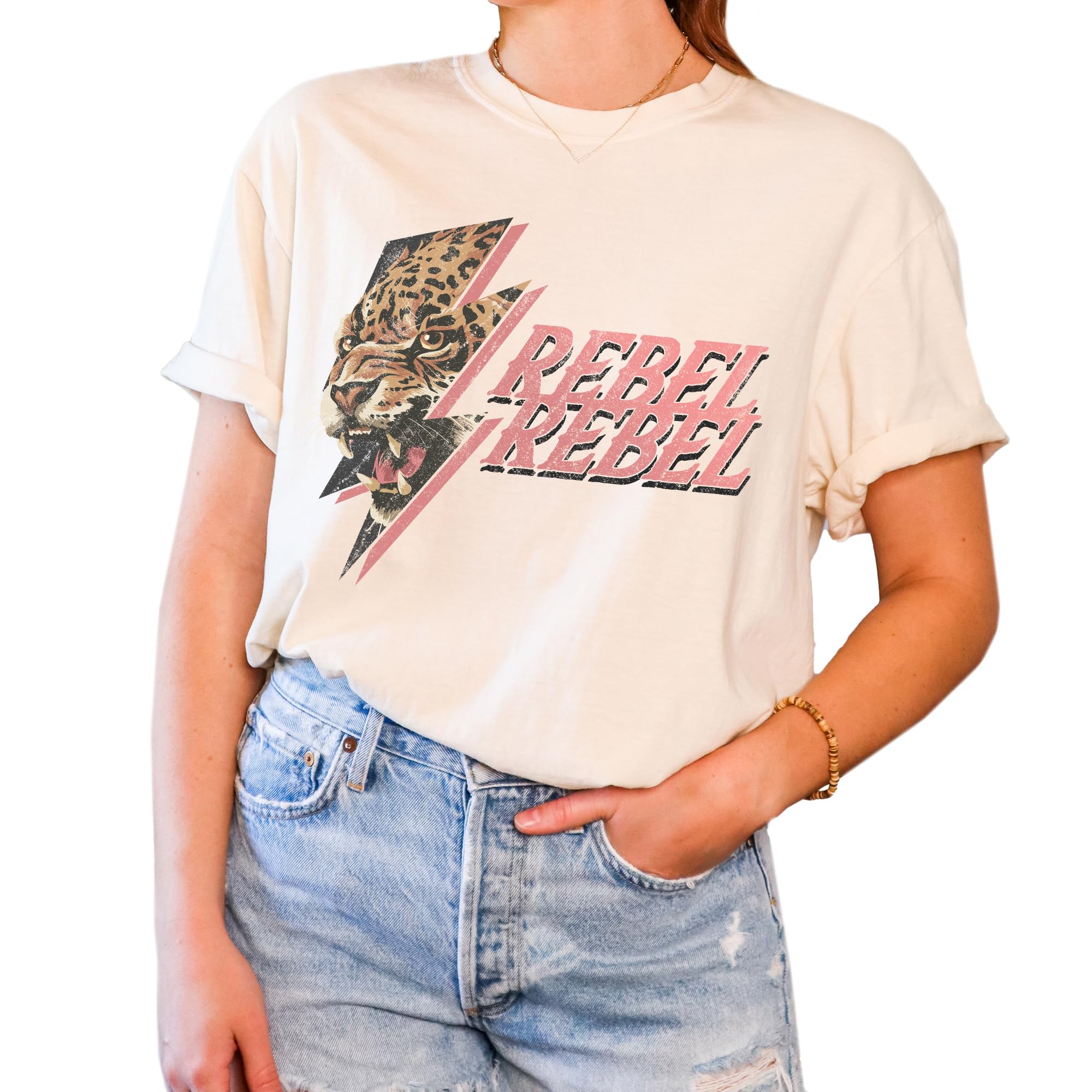 Tee Territory Thunder Leopard Rebel Ivory T-Shirt, Graphic Tee for Women, Men, Unisex, 100% Cotton