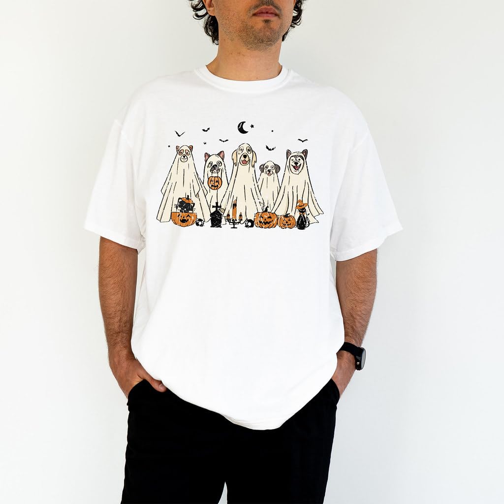 Halloween T-Shirt - Cute Dogs in Ghost Costumes Design - Funny Halloween Graphic Tee for Men, Women, Unisex, 100% Cotton