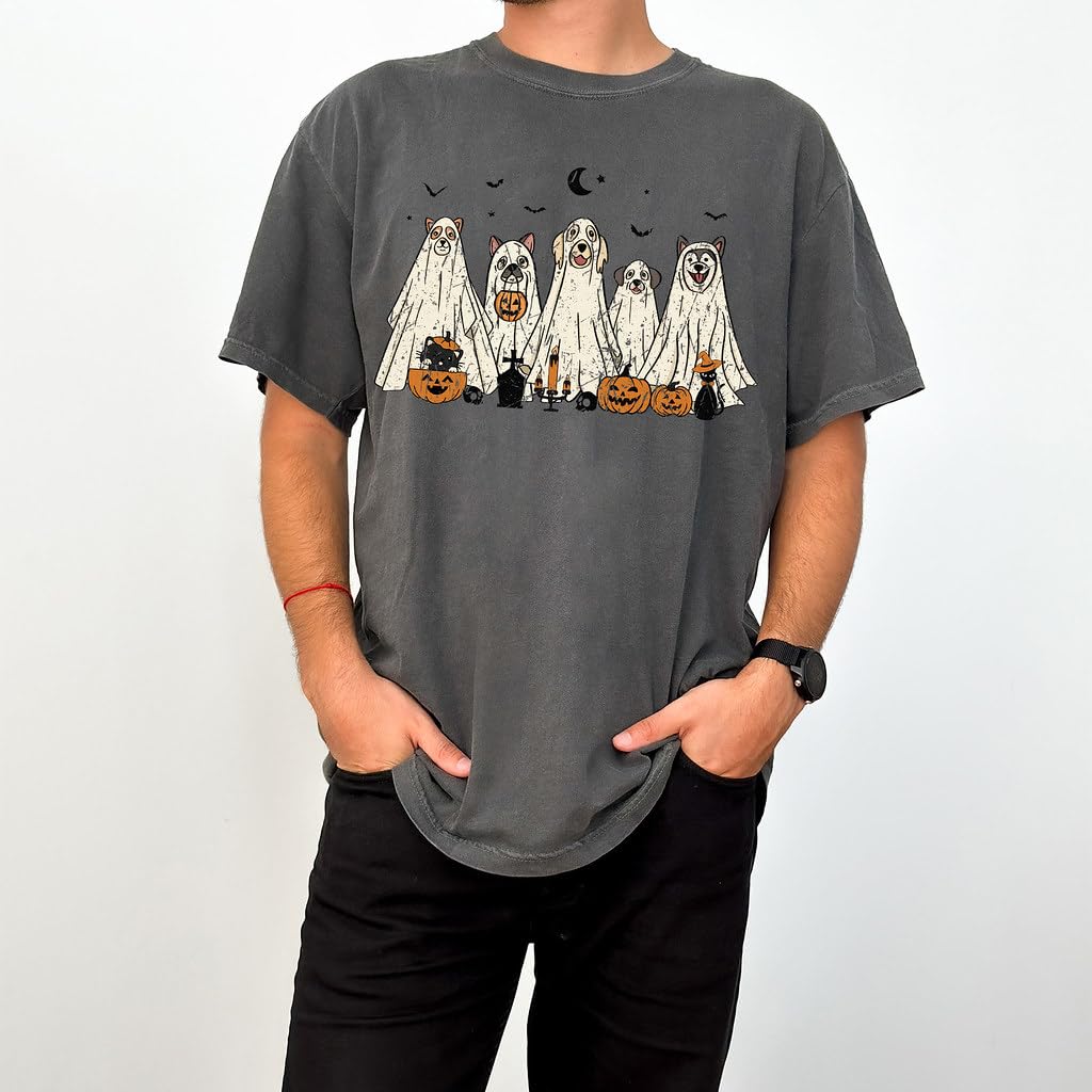 Halloween T-Shirt - Cute Dogs in Ghost Costumes Design - Funny Halloween Graphic Tee for Men, Women, Unisex, 100% Cotton