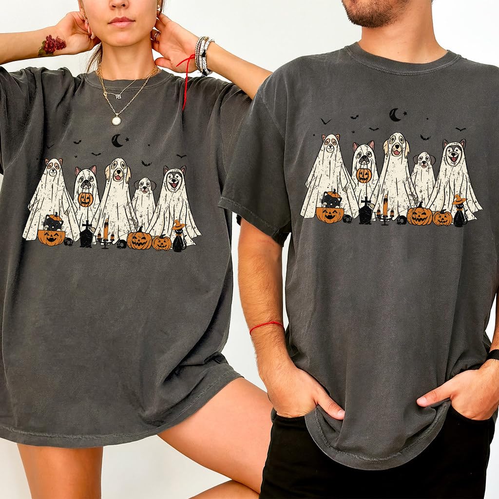 Halloween T-Shirt - Cute Dogs in Ghost Costumes Design - Funny Halloween Graphic Tee for Men, Women, Unisex, 100% Cotton