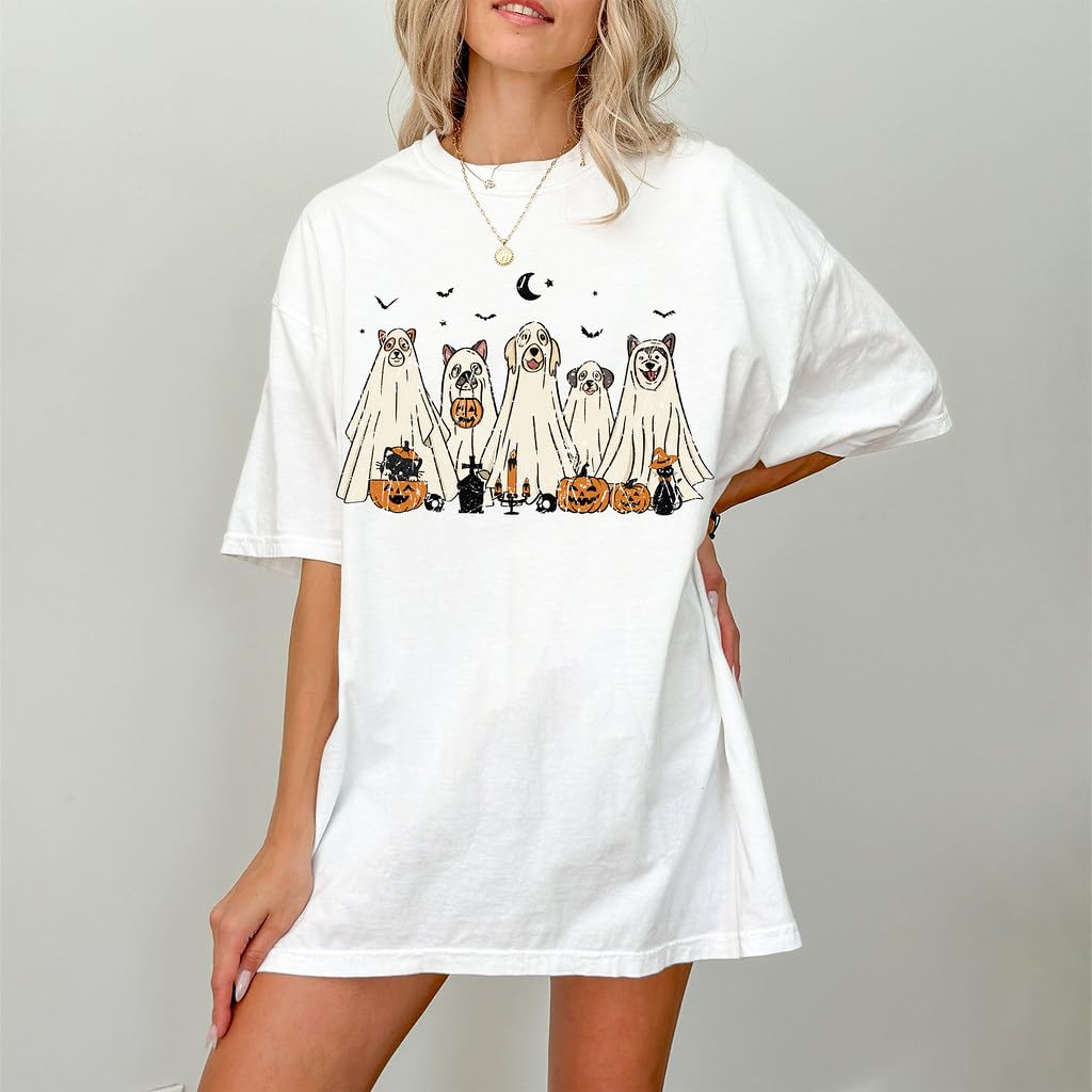 Halloween T-Shirt - Cute Dogs in Ghost Costumes Design - Funny Halloween Graphic Tee for Men, Women, Unisex, 100% Cotton