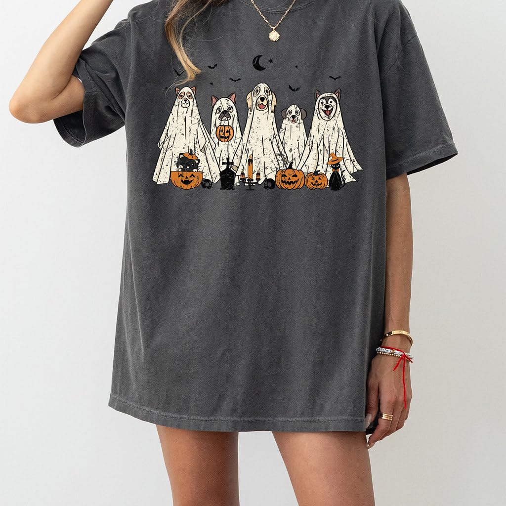 Halloween T-Shirt - Cute Dogs in Ghost Costumes Design - Funny Halloween Graphic Tee for Men, Women, Unisex, 100% Cotton