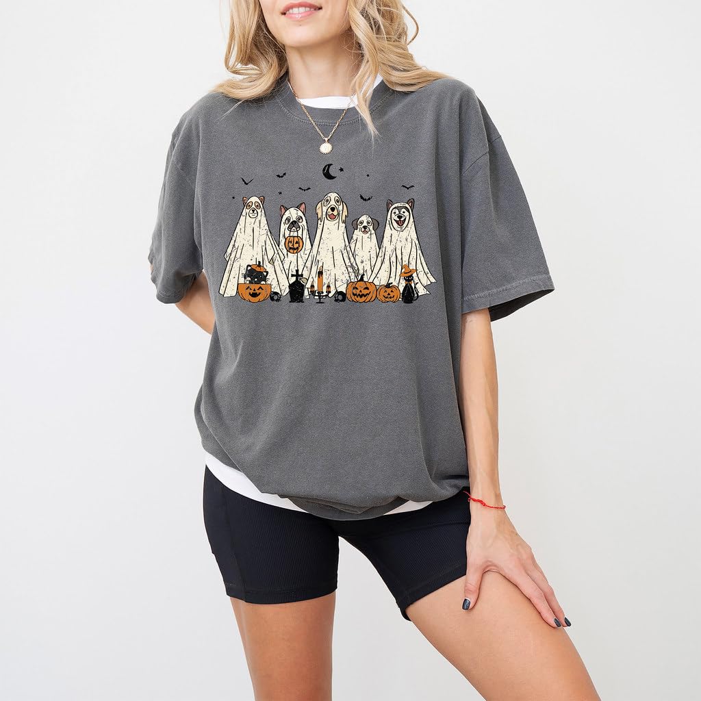 Halloween T-Shirt - Cute Dogs in Ghost Costumes Design - Funny Halloween Graphic Tee for Men, Women, Unisex, 100% Cotton