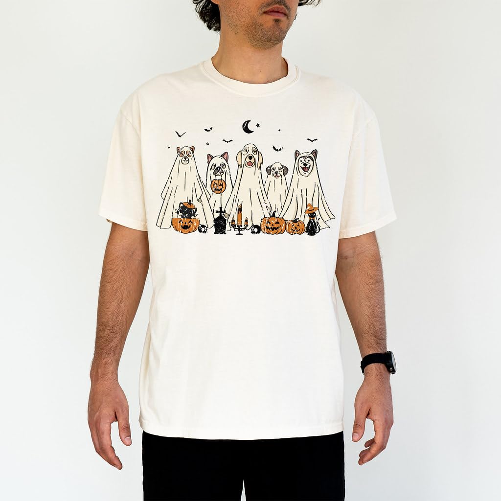 Halloween T-Shirt - Cute Dogs in Ghost Costumes Design - Funny Halloween Graphic Tee for Men, Women, Unisex, 100% Cotton
