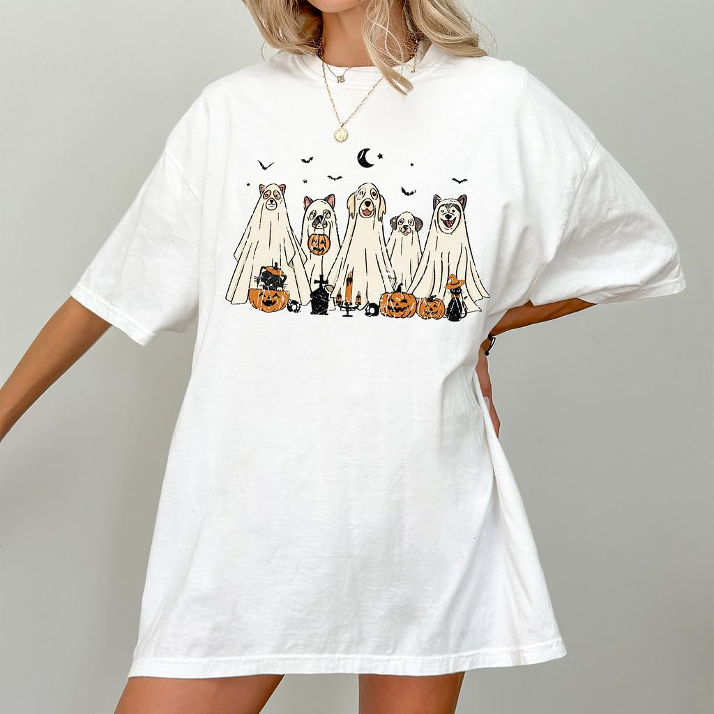 Halloween T-Shirt - Cute Dogs in Ghost Costumes Design - Funny Halloween Graphic Tee for Men, Women, Unisex, 100% Cotton
