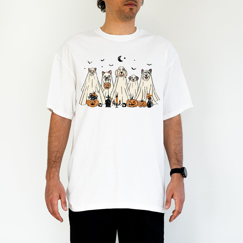 Halloween T-Shirt - Cute Dogs in Ghost Costumes Design - Funny Halloween Graphic Tee for Men, Women, Unisex, 100% Cotton