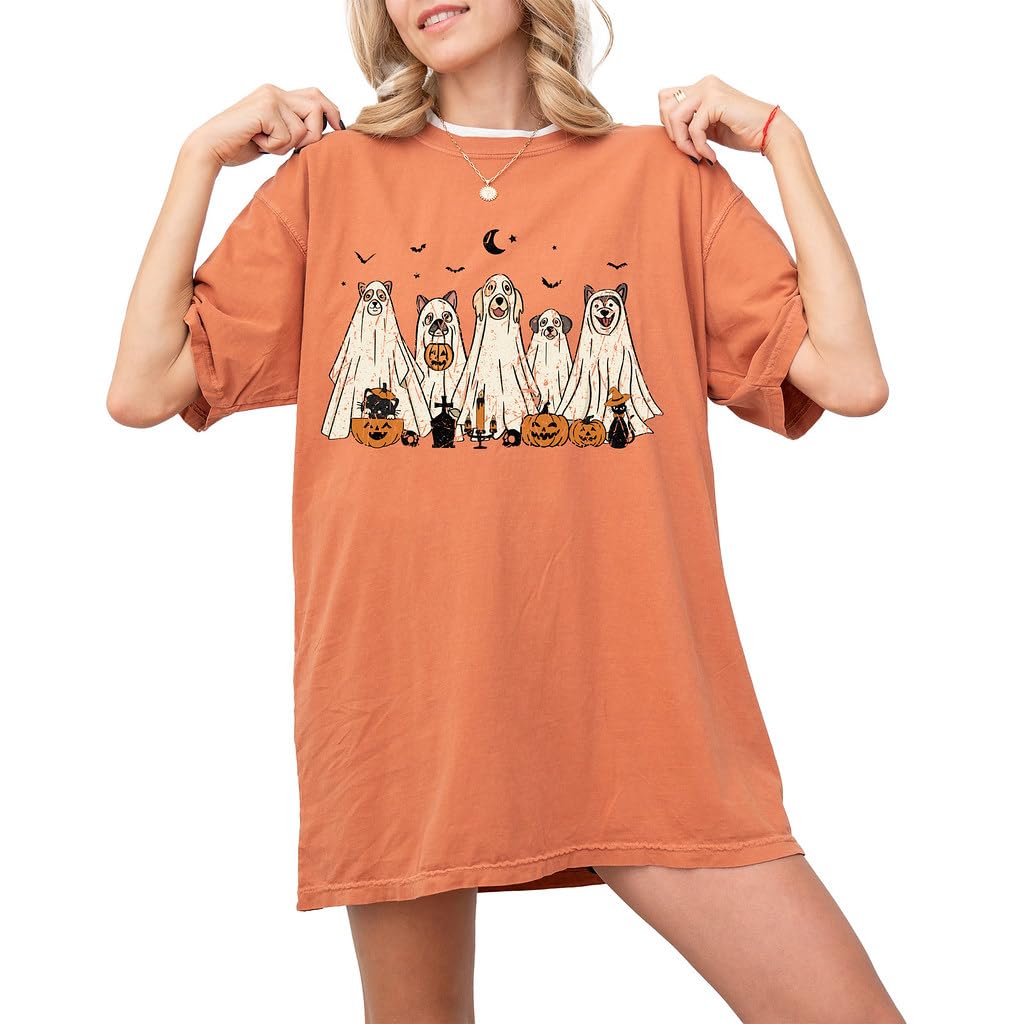Halloween T-Shirt - Cute Dogs in Ghost Costumes Design - Funny Halloween Graphic Tee for Men, Women, Unisex, 100% Cotton