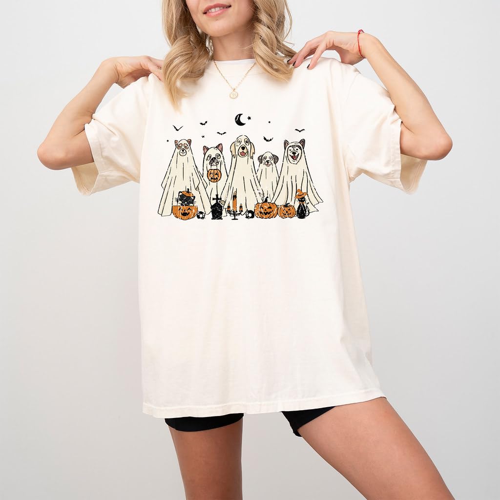 Halloween T-Shirt - Cute Dogs in Ghost Costumes Design - Funny Halloween Graphic Tee for Men, Women, Unisex, 100% Cotton