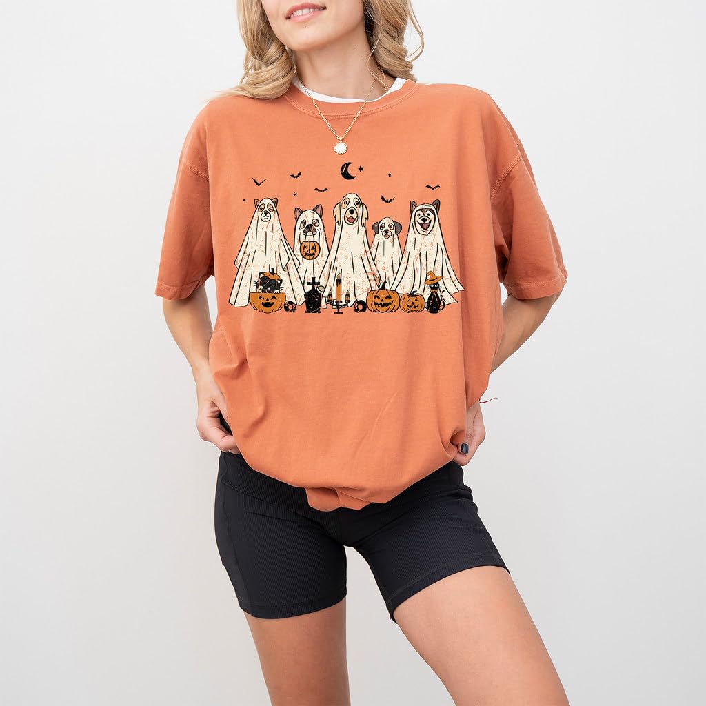 Halloween T-Shirt - Cute Dogs in Ghost Costumes Design - Funny Halloween Graphic Tee for Men, Women, Unisex, 100% Cotton