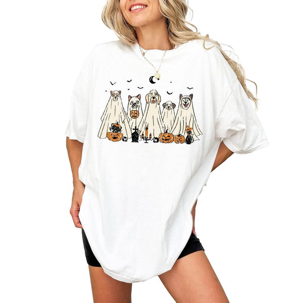 Halloween T-Shirt - Cute Dogs in Ghost Costumes Design - Funny Halloween Graphic Tee for Men, Women, Unisex, 100% Cotton