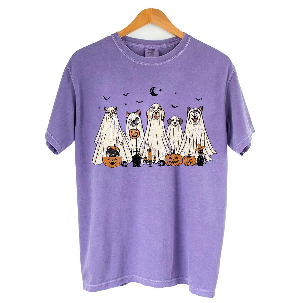 Halloween T-Shirt - Cute Dogs in Ghost Costumes Design - Funny Halloween Graphic Tee for Men, Women, Unisex, 100% Cotton