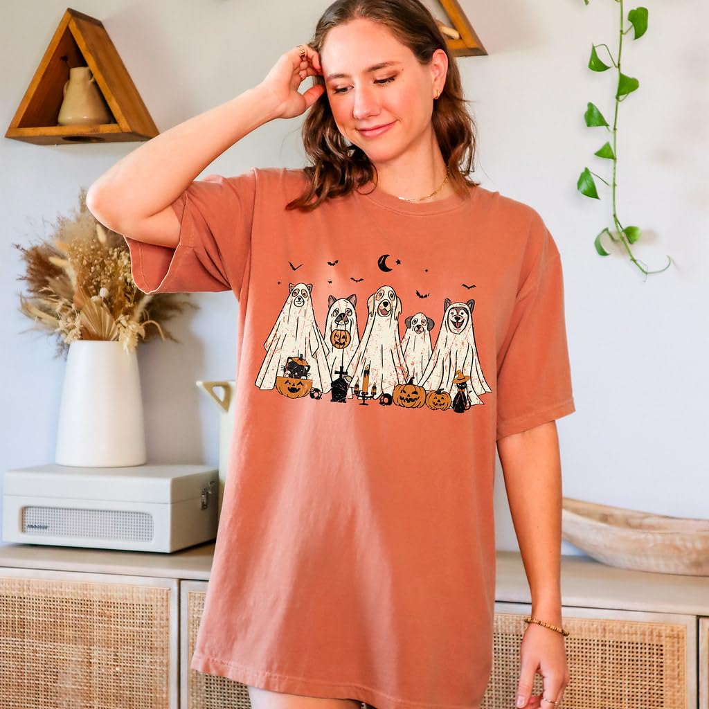 Halloween T-Shirt - Cute Dogs in Ghost Costumes Design - Funny Halloween Graphic Tee for Men, Women, Unisex, 100% Cotton