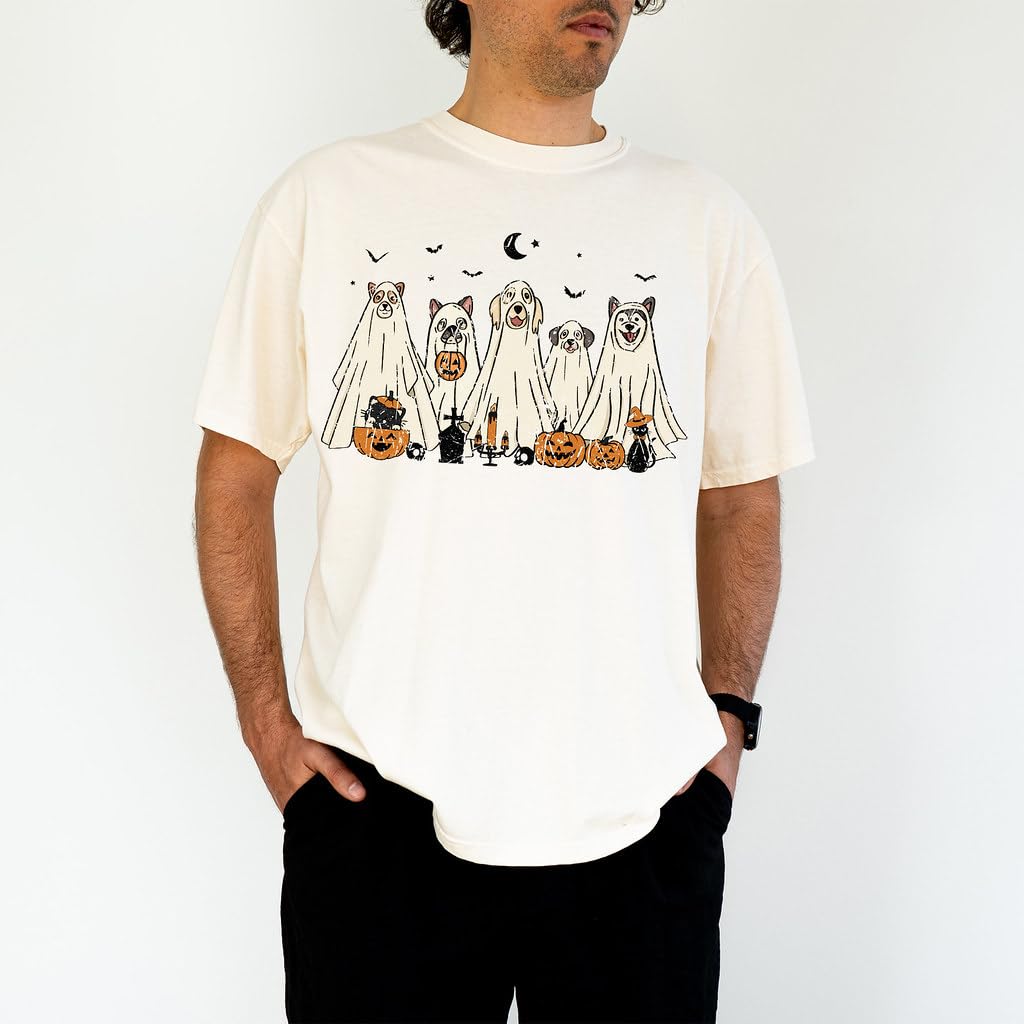 Halloween T-Shirt - Cute Dogs in Ghost Costumes Design - Funny Halloween Graphic Tee for Men, Women, Unisex, 100% Cotton