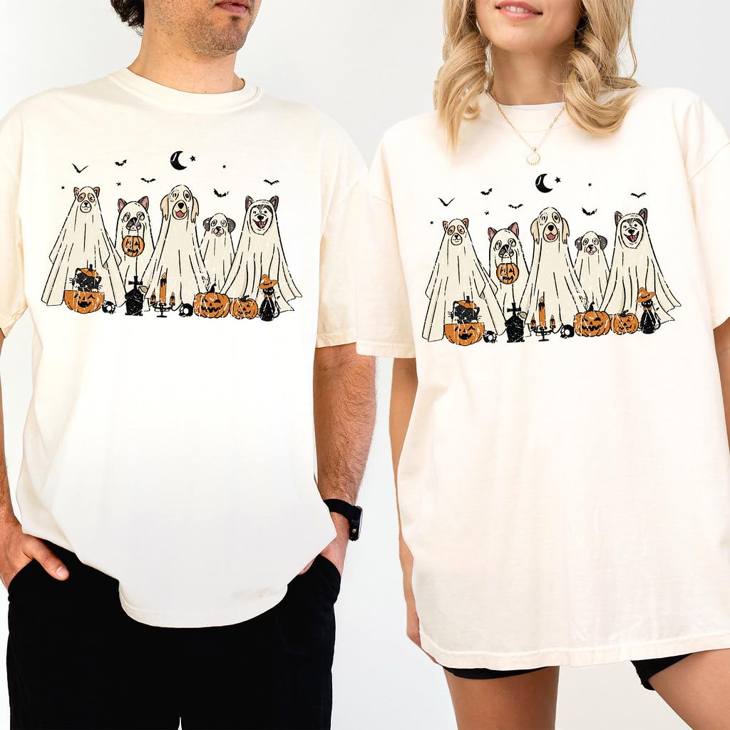 Halloween T-Shirt - Cute Dogs in Ghost Costumes Design - Funny Halloween Graphic Tee for Men, Women, Unisex, 100% Cotton