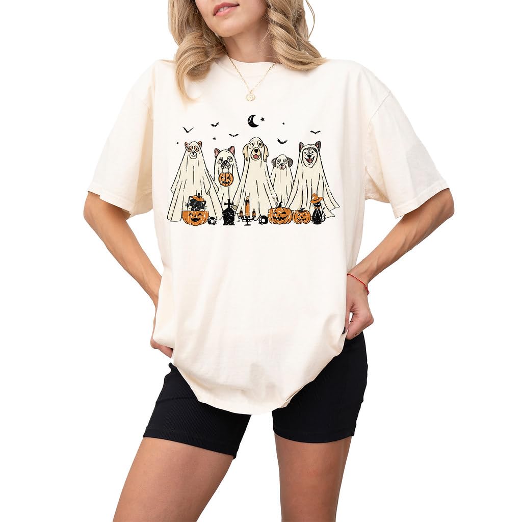 Halloween T-Shirt - Cute Dogs in Ghost Costumes Design - Funny Halloween Graphic Tee for Men, Women, Unisex, 100% Cotton