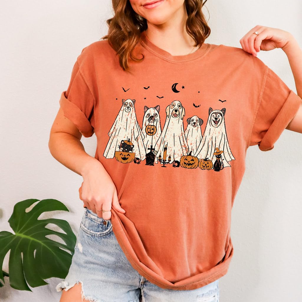 Halloween T-Shirt - Cute Dogs in Ghost Costumes Design - Funny Halloween Graphic Tee for Men, Women, Unisex, 100% Cotton