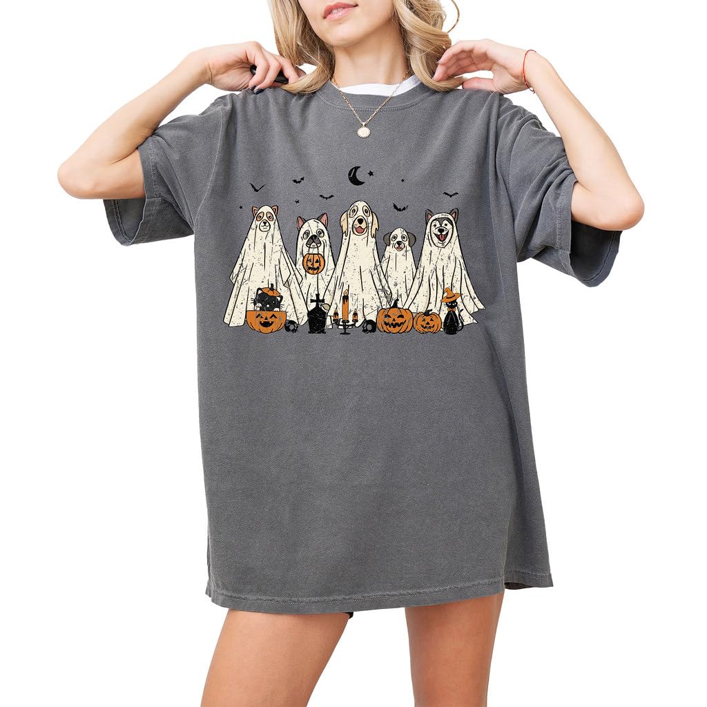 Halloween T-Shirt - Cute Dogs in Ghost Costumes Design - Funny Halloween Graphic Tee for Men, Women, Unisex, 100% Cotton